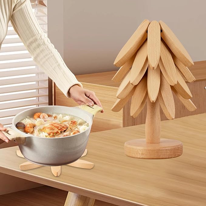 Vertdens Wooden Trivets for Hot Dishes, Hot Dish Coaster with Tree-Shaped Wood Collapsible Hot Pad Trivet Tree for Restaurant, 4 Wooden Trivet + 1 Stand（Beech Wood）