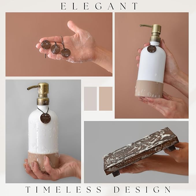 Finisterra White Hand and Dish Soap Dispenser Set With Tray - Boho Bathroom and Kitchen Soap and Lotion Dispenser Set - Luxury Hand Soap Dispenser