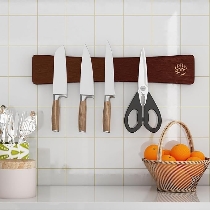 Magnetic Knife Strip, Magnetic Knife Holder for Wall 16 Inch, Solid Oak Wood Knife Magnetic Strip with N52 Super Strong Magnets, Wooden Knife Bar, Knife Holder Organizer for Kitchen Knives, Tools