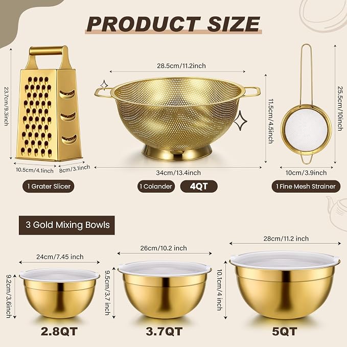 Baderke 6 Pcs Gold Kitchen Accessories Set Includes 3 Gold Mixing Bowls with Airtight Lids Stainless Steel Colander Grater Slicer and Fine Mesh Strainer (Mixing Bowls: 3.7/5/7 Qt, Colander: 5 Qt)