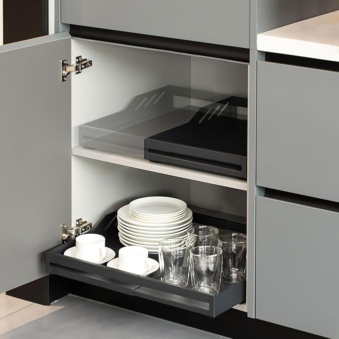 Basicwise Expandable Large Deep Drawer Organizer Adjustable Pull-Out Cabinet Storage Tray for Kitchen Organization Ideal for Cookware Dinnerware Food Containers Bakeware & Pantry Essentials, Set of 2
