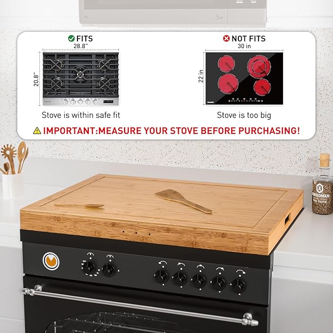 Bamboo Stove Cover for Gas & Electric Burners, 28.82”x20.83”x2.12'' (Inner) Noodle Board with Handles, Cutting Board with Juice Groove, Serving Tray (Natural Bamboo)