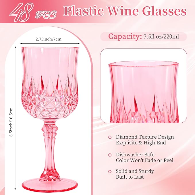 48 Pack Pink Plastic Wine Glasses, Vintage Plastic Goblets for Parties, Drinking Glasses Unbreakable Glassware Crystal Water Goblets Reusable Drinkware for Wedding Reception Grand Event Party
