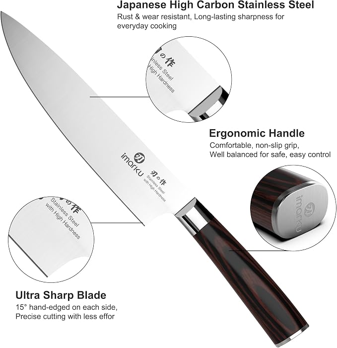 imarku Knife Set, 3 Piece Japanese High Carbon Stainless Steel | Razor Sharp 8 inch Chef Knife, 10 inch Bread Knife and 6 inch Boning Knife for Meat, Bread, Vegetables and Kitchen Prep