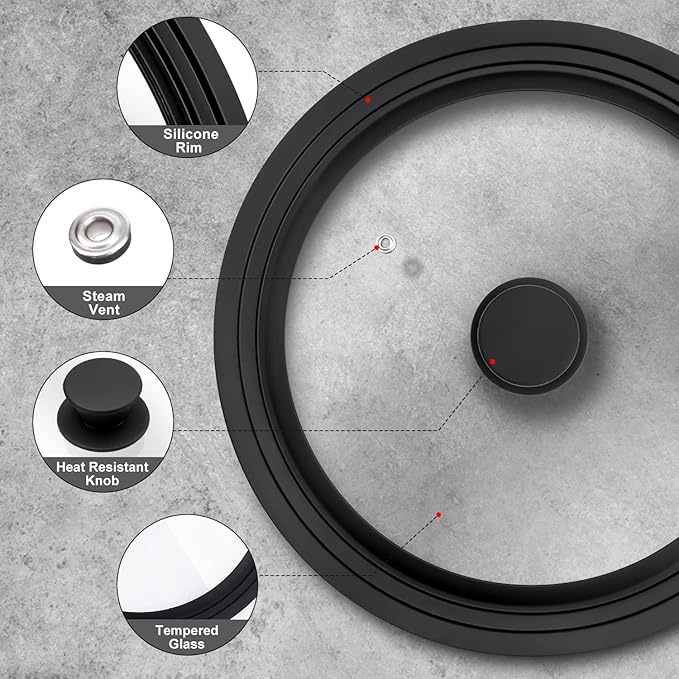 Universal Lid for Pots, Pans and Skillets - Tempered Glass Lid with Heat Resistant Silicone Rim Fits 8.5" - 10" Diameter Cookware, Replacement Lid for Frying Pan and Cast Iron Skillet (8.5"9.5"10")