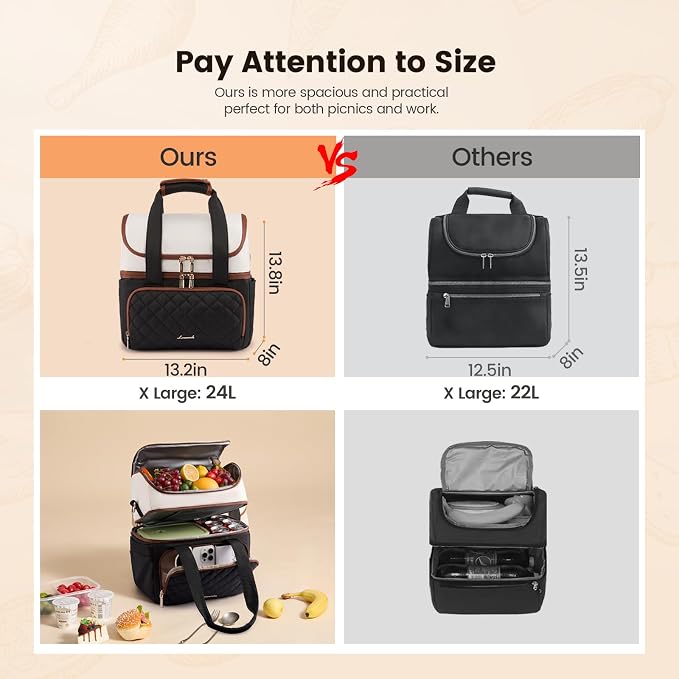 LOVEVOOK Insulated Lunch Bag For Women,X Large Double Deck Adult Lunch Box,Teacher Lunch Tote Bag With Cup Holder,Leakproof Cooler Bag With Adjustable Shoulder Strap For Work Picnic Beach,Larger 24L