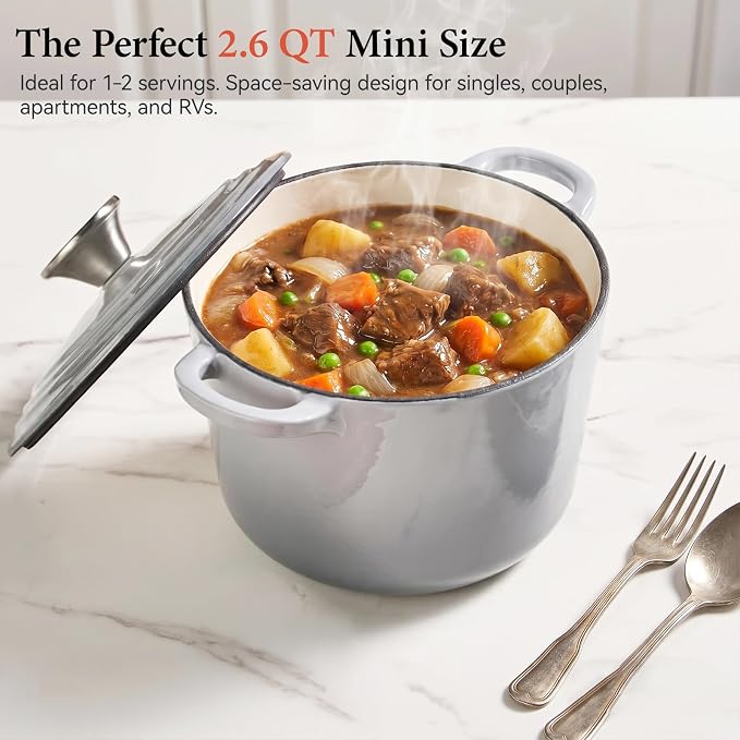 2.6 QT Small Enameled Cast Iron Dutch Oven with Lid, Gradient Grey - Mini Heavy Duty Braiser Pot for Bread Baking, Sauces & Side Dishes, Induction Compatible, Oven Safe 500°F for Singles