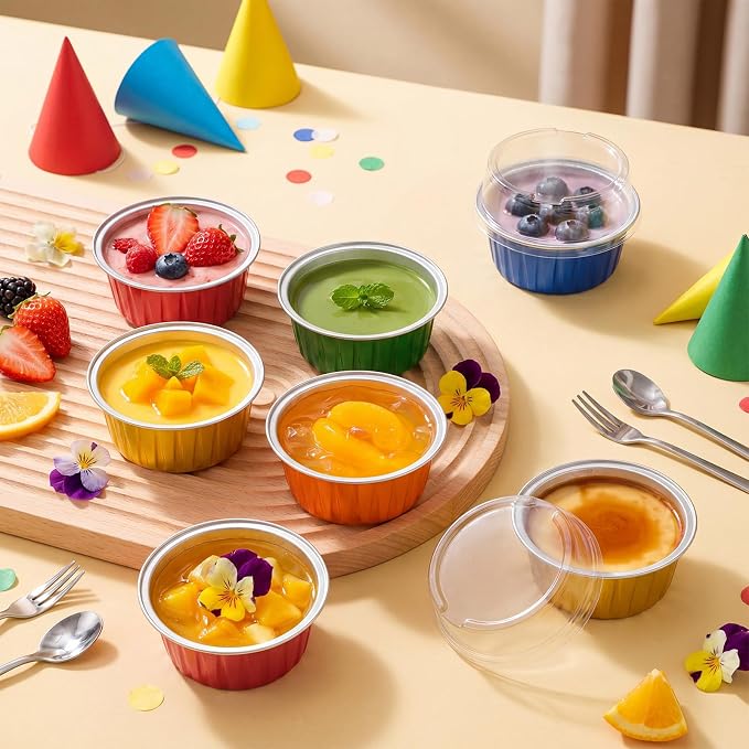 Gejoy 400 Pcs Aluminum Foil Baking Cups with Lids 5 oz Disposable Ramekins Mini Cake Pans Creme Brulee Cupcake Liners Muffin Dessert Container for Wedding Birthday Party (Classic,Bright Color)
