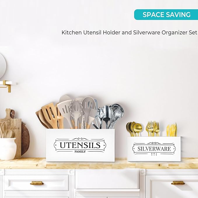 Kitchen Utensil Holder Set - Extra Large Wooden Countertop Organizer for Cooking Utensils, Cutlery and Flatware, Farmhouse Kitchen Decor, Silverware Caddy for party (White, Large)
