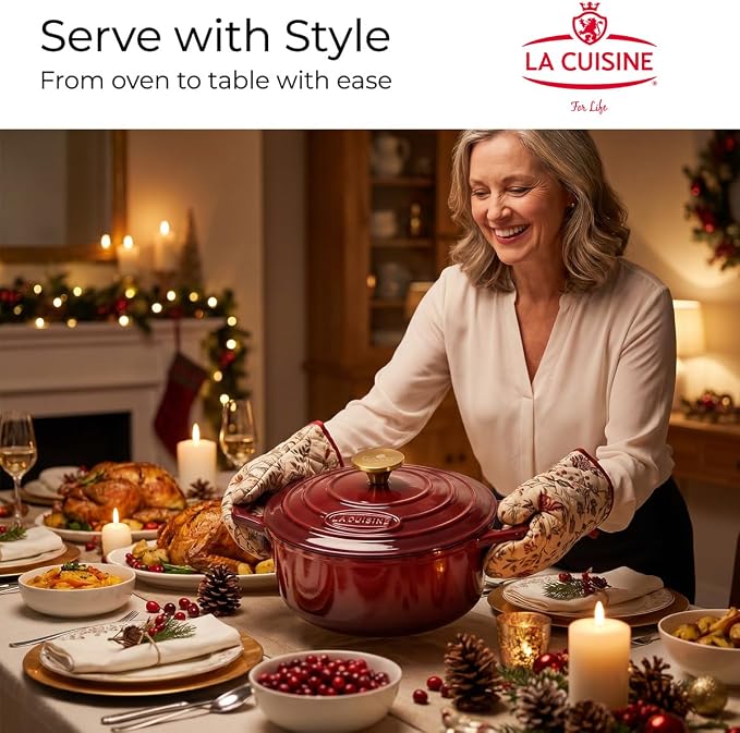 La Cuisine Enameled Cast Iron Braiser Shallow Dutch Oven Braising Sauté Pan 3.75 QT 11" Dia. Internal Matt Black Enamel Coating, Cranberry, Golden Lid Knob, Oven Safe, Induction Cooktop Compatible