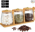 Suclain 3 Pcs Glass Coffee Container with Wooden Lid Spoon Shelf Labels Airtight Sugar Canister Set with Metal Handle Clear Jar Food Storage for Spice Coffee Bean Powder Housewarming Gift(Oval)