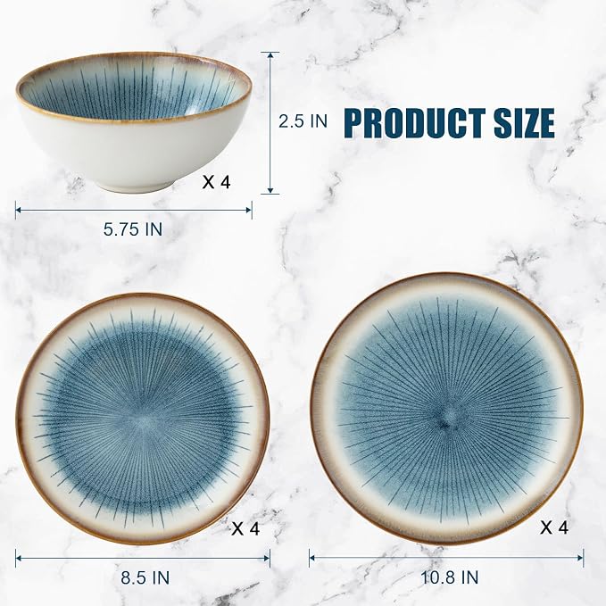 Blue Stoneware Dinnerware Set, 12 Pieces, Blue Stripe Marble, Dishwasher & Microwave Safe