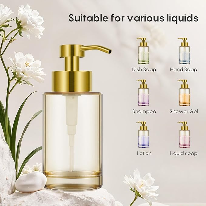Glass Soap Dispenser with Stainless Steel Pump,12oz Gold Hand Liquid Soap Dispenser,Thick Glass Soap Dispenser for Bathroom,Kitchen