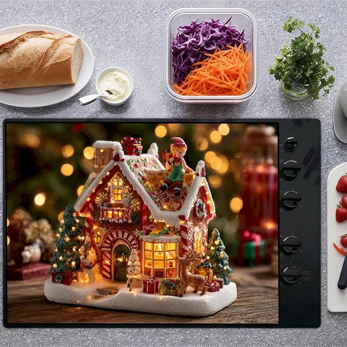 Stove Top Cover for Electric Stove 28.4 x 20.5 Inch Non Slip Stove Mat Oil Proof Christmas Village House Glass Cooktop Protector Kitchen Counter Mat