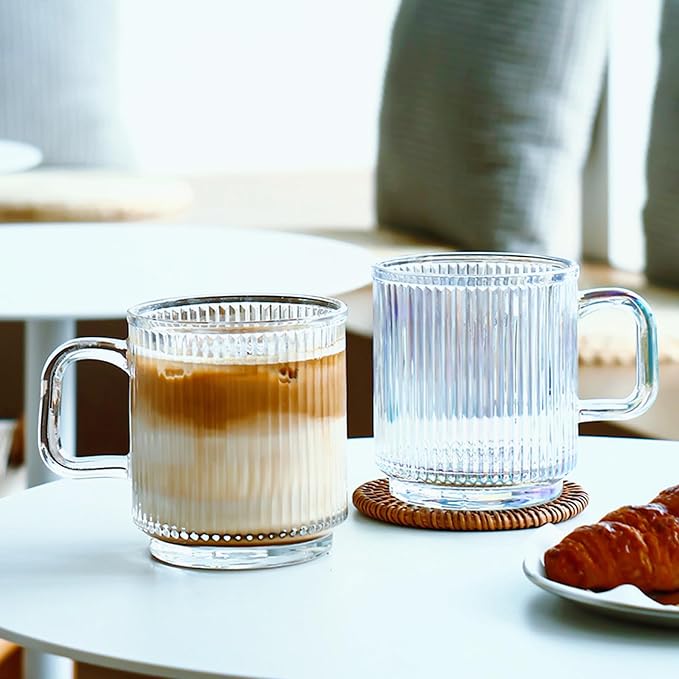 Glass Coffee Mugs 6 Pack - 12 OZ Premium Coffee Cups with Handles - Classic Vertical Stripes Transparent Tea Cup Set for Hot Cold Beverages