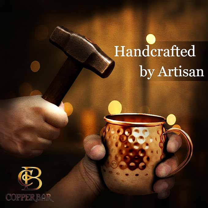 COPPER-BAR Moscow Mule Copper Mugs - Unique HANDCRAFTED Gift Set of 4, Hammered by Artisan, 100% Pure Solid Copper Cups 16oz for Drinking Water & Cocktails, Include 19 Pcs accessories & Special Opener