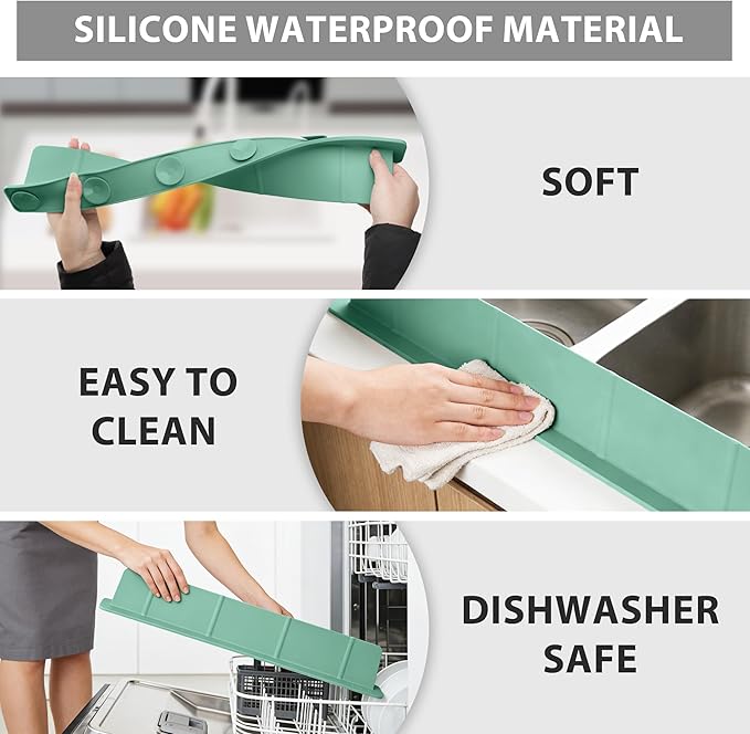 20Inch Silicone Sink Splash Guard with Strong Suction Cups, Flexible Kitchen Sink Splash Guard for Front/Back of Sink, Easy to Clean Splash Guard for Kitchen & Bathroom (Green, 20.5''x2.8'')