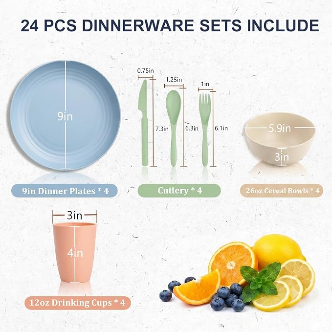 Plates and Bowls Sets for 4, Unbreakable Cups and Plates Sets 24 Piece, Wheat Straw Dinnerware Sets for Kitchen, Microwave Safe Plates Set for 4, RV and Camper Essentials - Colorful
