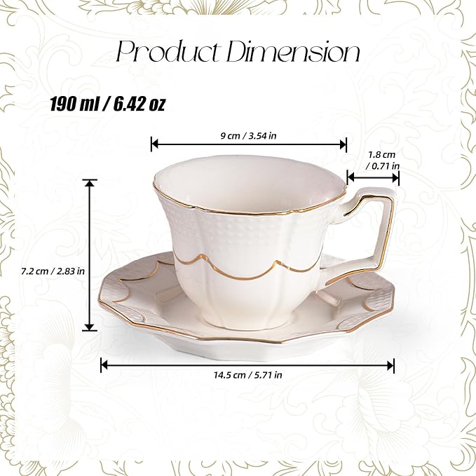 KAMMAK Tea Cups and Saucers Set of 2, 6.4oz Porcelain Coffee Cups with Saucers, Ceramic Espresso Mugs for Coffee, Latte, Americano, Tea, Elegant Teacup and Saucer (YFH12)