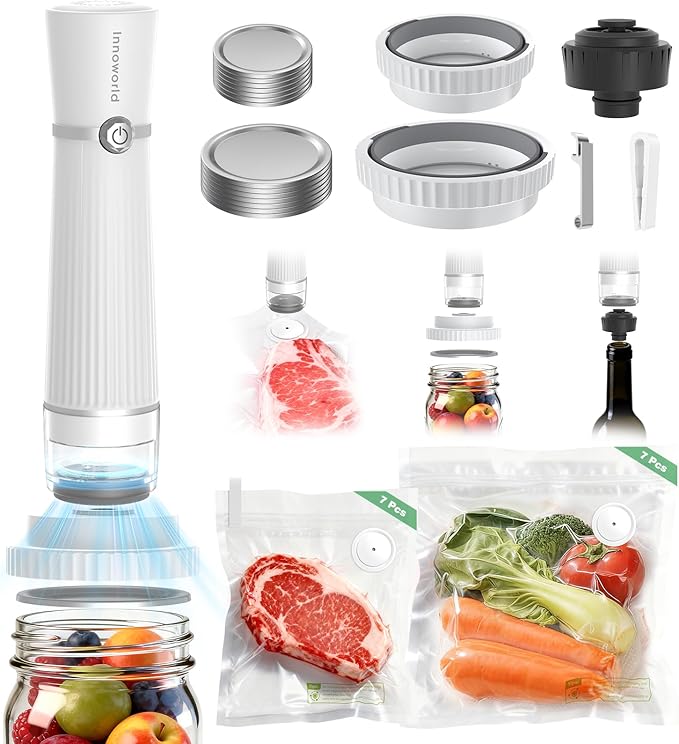 3-in-1 Vacuum Sealer for Food Compatible with Vacuum Bag, Mason Jar, Wine Bottle, Handheld Saver Compact Vacuum Sealer Machine with 14 Reusable Bags