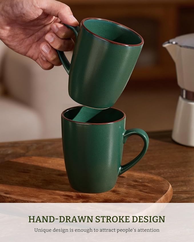famiware Venus Coffee Mugs for 8, 13 oz Mug Set, Dringking Cup with Handle for Coffee, Tea, Cocoa, Milk, Dark Green