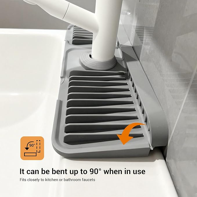 ZJWZLG Faucet Mat for Kitchen Sink, 24"X5.5" Silicone Sink Splash Guard with Soap Holder, Snap-On Design & 7°slope Fast Drain, Folding Sink Faucet Mat for Universal Kitchen Bathroom Sink（Grey）
