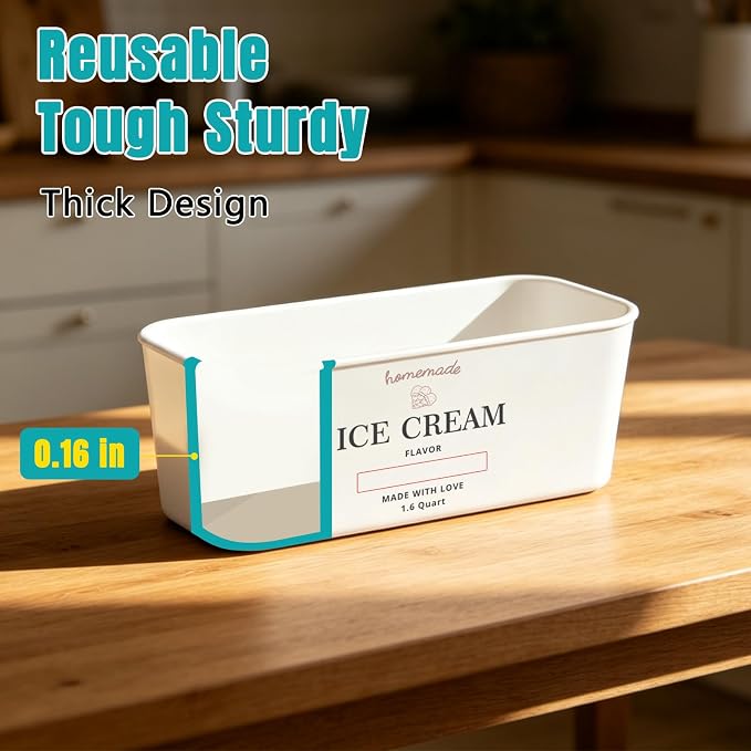 Ice Cream Containers - Silicone Reusable Freezer Storage for Homemade Ice Cream Tub for Sorbet, Frozen Yogurt - Flexible Silicone Lids, Long Scoop, Stackable,2 Pack 1.6 Quart Each