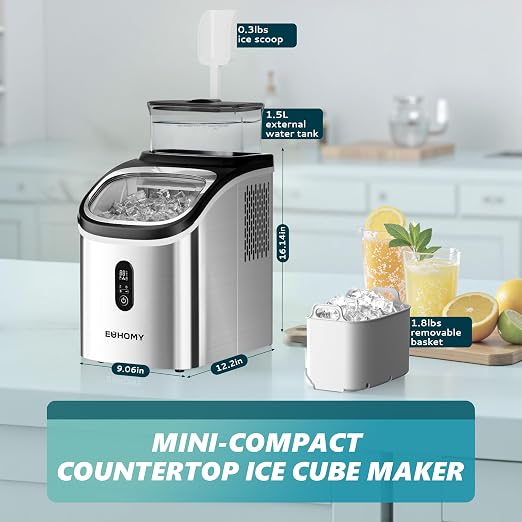EUHOMY Ice Cube Maker Machine Countertop with External Water Tank, 2 Ways to Add Water, 34Lbs/Day, 16Pcs Ready in 7 Mins, Auto-Cleaning, with Ice Scoop & Basket, for Home/Kitchen/Office/Bar (Silver)