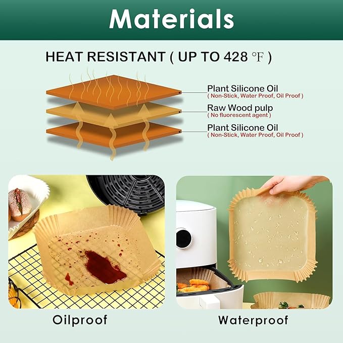 1000 Pcs Air Fryer Paper Liners Value Pack, 8" Square Air Fryer Liners Disposable, Heavy-Duty Parchment Paper for 5-8 qt Airfryer Basket, Non-Stick & Grease-Proof Baking Liner for Oven Pan