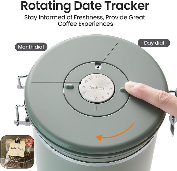 Veken Coffee Canister, 39OZ Large, Airtight Stainless Steel Food Storage Container for 2.2lbs Coffee Beans, Ground, Sugar, Tea, Flour, Cereal, Kitchen Bar Accessories with Date Tracker & Scoop, Green