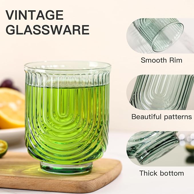 JOVGANK Green Vintage Glassware Set of 6-14Oz Green Water Drinking Glass, Art Deco Ripple Highball Glass, Whiskey Cocktail Glasses, for Bar Ice Coffee Juice, Housewarming Gifts Gift
