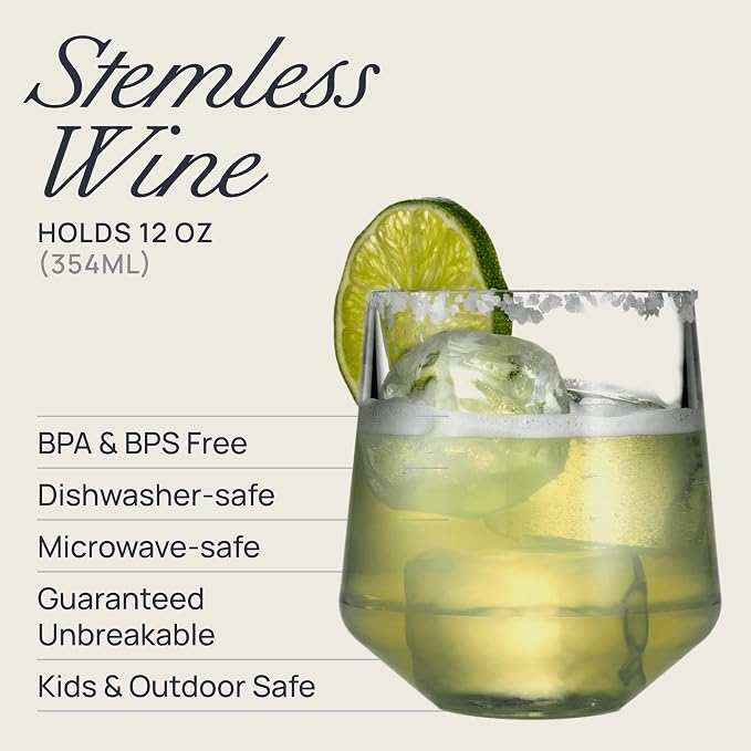 Drinique Unbreakable Stemless Wine Glasses - Set of 4 - Made in USA 12 oz Tritan Unbreakable Plastic Wine Glasses, Reusable for Indoor or Outdoor Use, BPA Free & Shatterproof, White