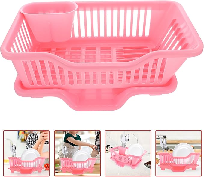 IMIKEYA Sink Dish Rack Drainer Plastic Dish Drying Draining Rack Over The Sink Kitchen Tableware Drying Basket with Cutlery Holder for Kitchen Counter Pink