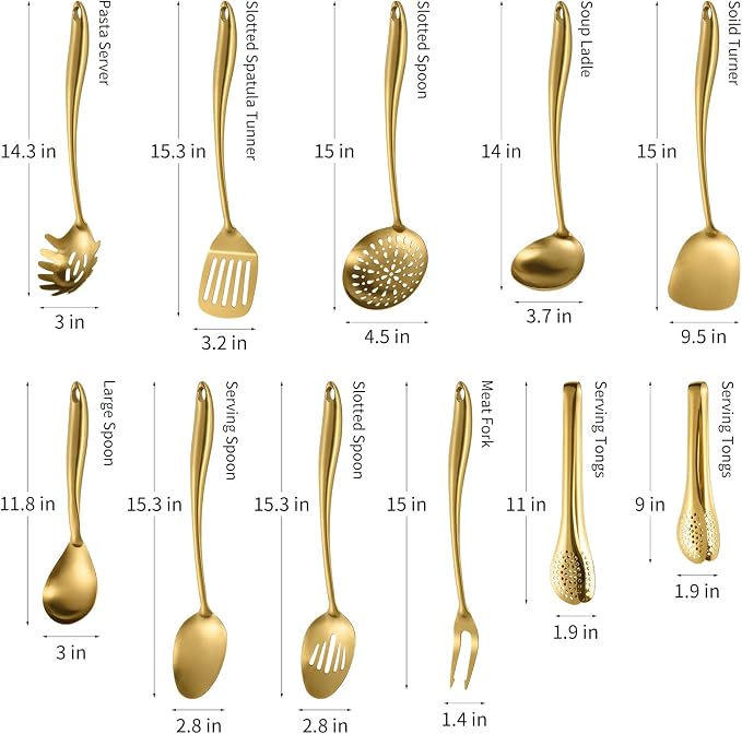 304 Stainless Steel Matte Kitchen Utensils Set, 11 Pcs Long Metal Cooking Utensils Set, Gold Cooking Utensils Set, Dishwasher Safe