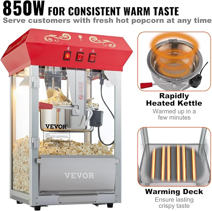 VEVOR Commercial Popcorn Machine, 8 Oz Kettle, 850 W Countertop Popcorn Maker for 48 Cups per Batch, Theater Style Popper with 3-Switch Control Steel Frame Tempered Glass Doors 2 Scoops 2 Spoons, Red | 48 Cups per Batch, Theater Style Popper with 3-Swi...