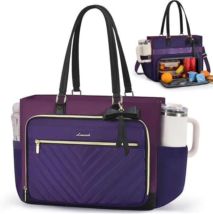 LOVEVOOK Lunch Tote Bag for Women, Insulated Lunch Bag with Laptop Compartment, Large Capacity Work Tote with Cup Holder, Water Resistant Insulated Bag Leakproof for Teacher Nurse, Office, 15.6 Inch