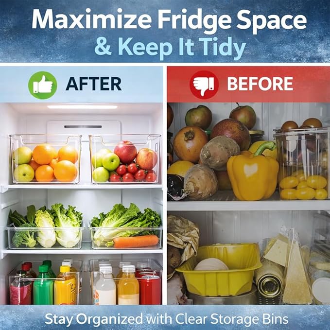 Crystal Clear Freezer Storage Bins, 4 Pack Clear Plastic Bins for Refrigerator and Pantry, Stackable Kitchen Cabinet Organizer with Handles for Frozen Food, Meat & Veggies (8PCS S)