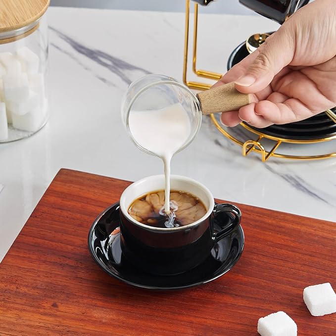 YOLIFE Espresso Cups with Saucers Set and Gold Metal Stand, 2.5oz Expresso Shots Cup with Stand & Saucers, Ceramic Coffee Espresso Cups Set of 6, Black