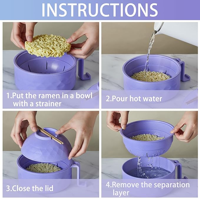 2 Sets Microwave Ramen Bowl 40 oz Wheat Fiber Portable Instant Noodle Cooker Bowl with Handles Strainer Spoon Chopstick Fork College Dorm Room Apartment Essentials(Purple, Light Blue)