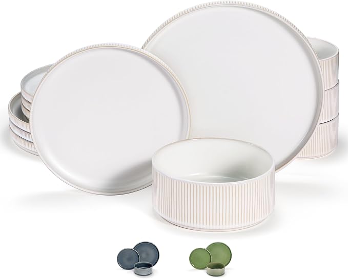 Ceramic Dinnerware Set, by Vase and Vessel, 12-Piece Service for 4, 9.8” Dinner Plates, 8” Salad Plates, 20 oz Bowls, Ombre Reactive Glaze, Durable Stoneware, Microwave & Dishwasher (Powder White)