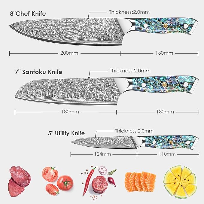 KEENZO 3PCS Kitchen Knife Set,Professional kitchen knives with 8" Chef knife,7" Santoku knife,5" Utility Knife,Japanese Hand Forged Damascus Steel Cooking knife set,Ergonomic Abalone Shell Handle