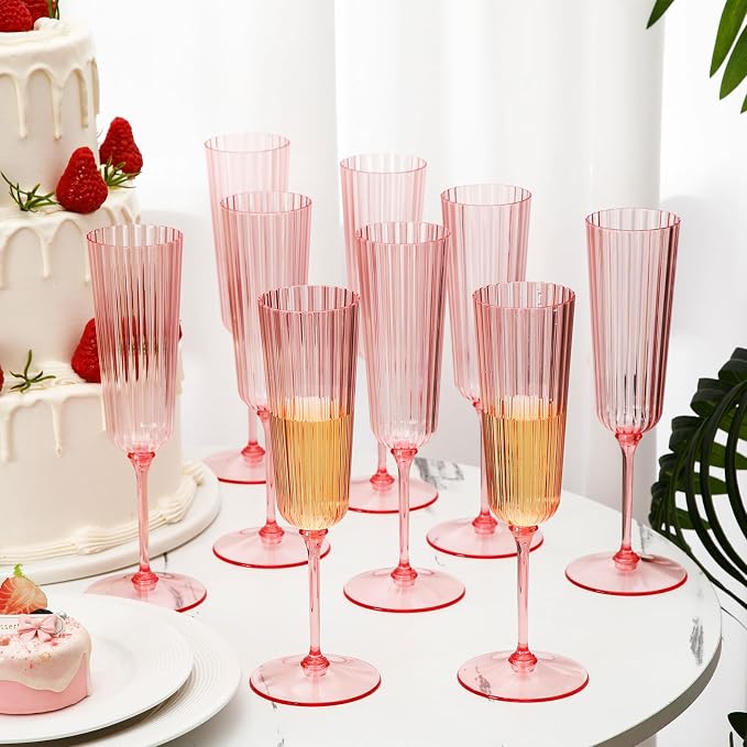 Jingmore 24 Pcs Plastic Ribbed Champagne Flutes With Stem, 6.4 oz Clear Vintage Disposable Champagne Glasses for Wedding Birthday Anniversary (Pink)