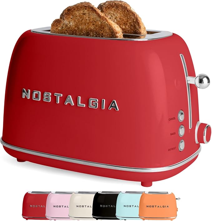 Nostalgia Classic Retro 2-Slice Toaster- Vintage Design- Enamel Coated Steel Body- Wide Slots for all Breads- Crumb Tray, Cord Storage- Defrost,Cancel and Bagel Function & 6 Toasting Levels- Red