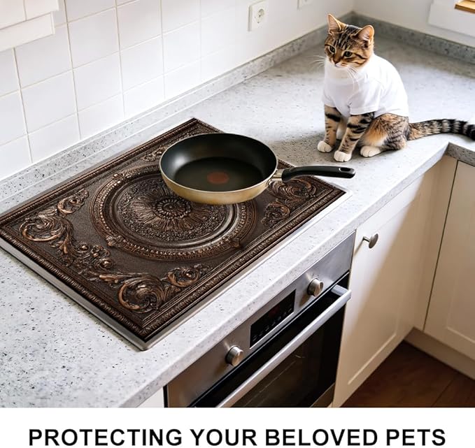 Stove Top Cover for Electric Stove 28.4 x 20.5 Inch Non Slip Stove Mat Oil Proof Bronze Medallion Glass Cooktop Protector Kitchen Mat