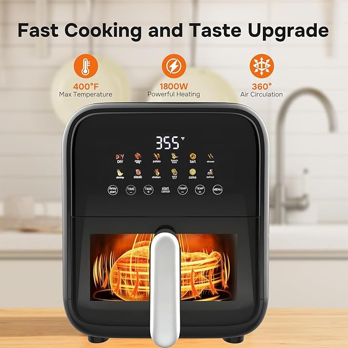 Simple Deluxe 12-in-1 Air Fryer 7.5 Qt, Digital Preset & DIY Function Airfryer with Visible Window, Nonstick and Dishwasher-Safe Basket, Chicken, Fries, Fish, Tart, Cake, DIY, Black
