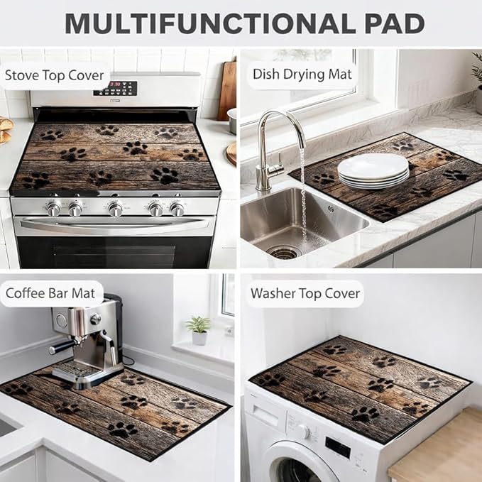 Stove Top Cover for Electric Stove 28.35 x 20.47 Inch Non Slip Stove Mat Rustic Paw Print Glass Cooktop Protector Kitchen Counter Mat