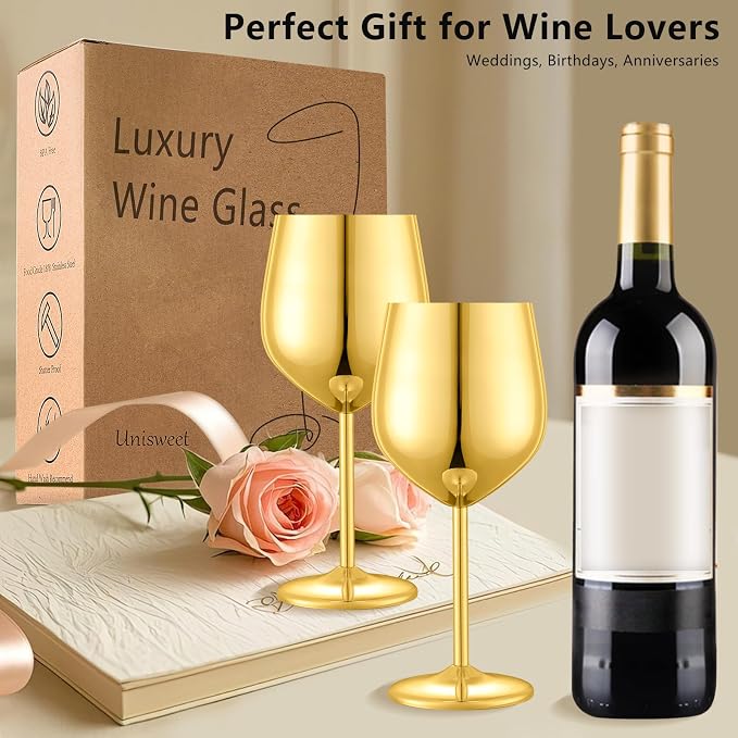 UNISWEET Stainless Steel Wine Glasses Set of 4 Unbreakable Wine Glass 18 oz Unique Metal Wine Goblets for Outdoor, Travel, Camping, Pool, Ideal Gift for Wine Lovers (Gold)