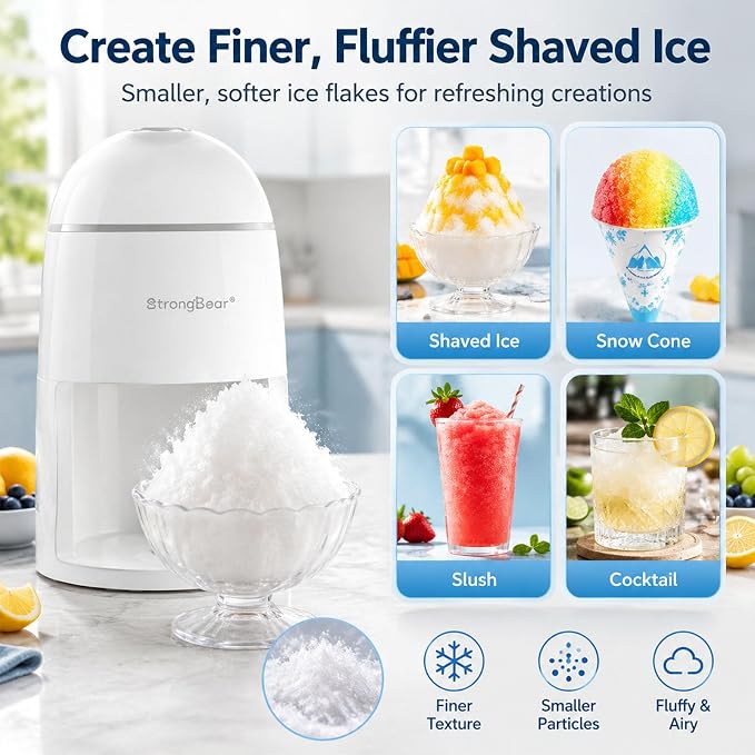 StrongBear Snow Cone Shaved Ice Machine, Electric Ice Shaver Slushie Machine, Snowcone Maker for Kids Birthday Party, House Warming Gifts New Home, Kitchen Gift Ideas, White