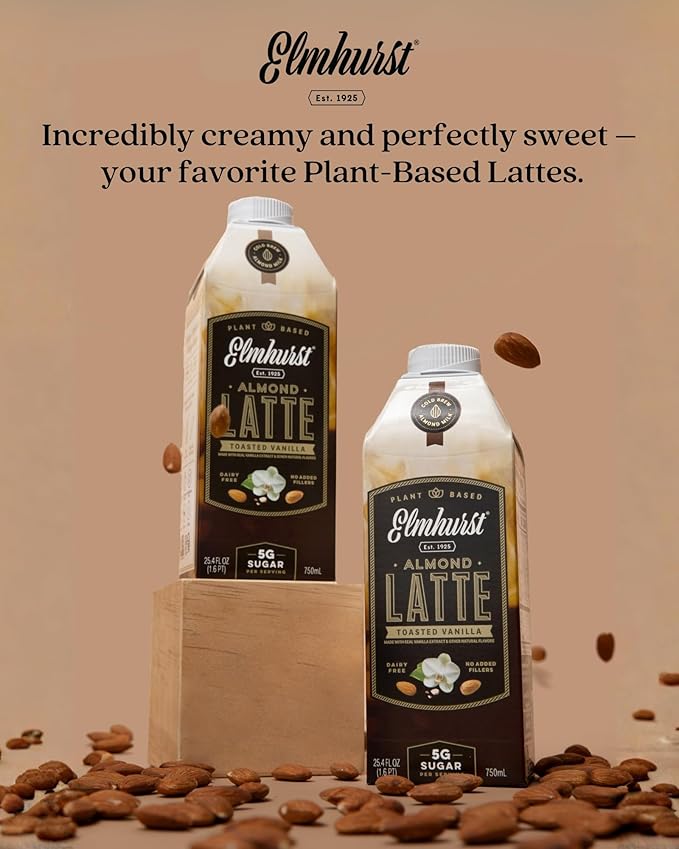 Elmhurst 1925 Toasted Almond Vanilla Latte – Plant-Based, Vegan, Dairy-Free Plant Milk Latte Made of Cold Brew Premium Arabica with 95mg Caffeine & Madagascar Vanilla – 25.4oz (Pack of 6)