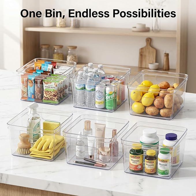 MOONEDGE 6-Pack Clear Cube Storage Bins,10" x 10" x 6" Open-Top Plastic Organizer Boxes, Square PET Containers for Closet,Pantry,Kitchen,Fridge,Playroom,Bathroom,Undersink and Vanity Organization